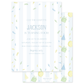 Birthday invitation with blue accents, confetti, balloons, party hats, and gift illustrations on a light background.