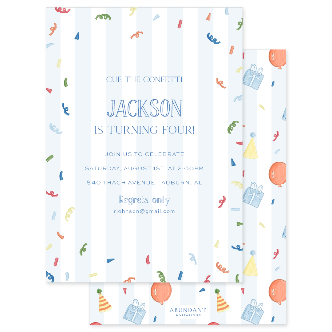 Birthday invitation with colorful confetti, balloons, gifts, and party hats on a striped background