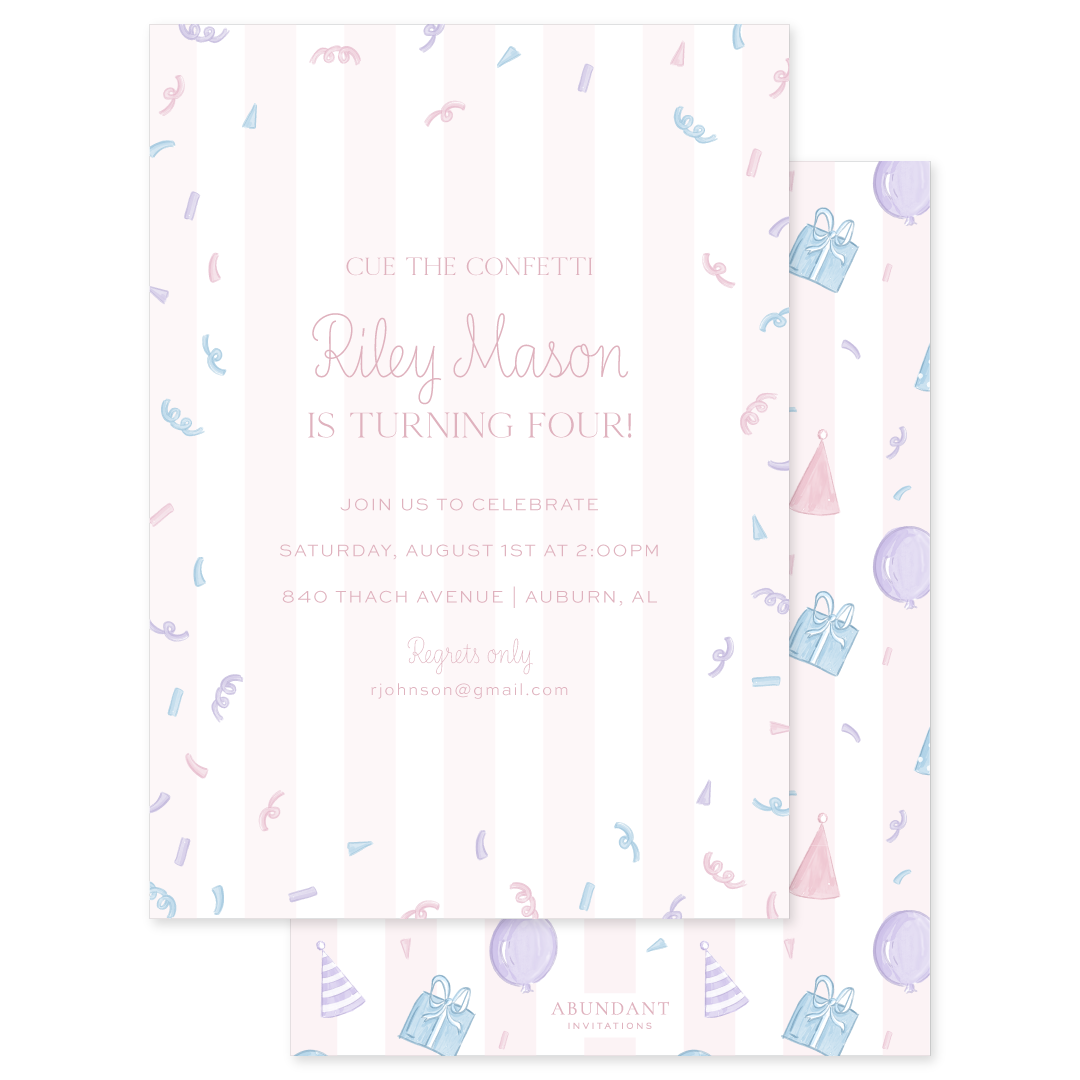 Pink striped birthday invitation with pastel confetti, balloons, party hats, and gift illustrations