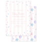 Pink striped birthday invitation with pastel confetti, balloons, party hats, and gift illustrations
