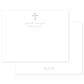 Flat white notecard featuring a delicate blue cross and personalized nursery text with elegant, timeless typography.