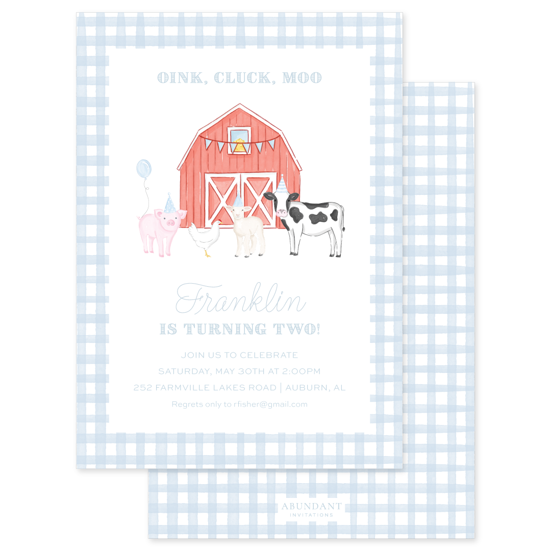 Blue checkered birthday invitation with farm animals and red barn illustration for a child's party