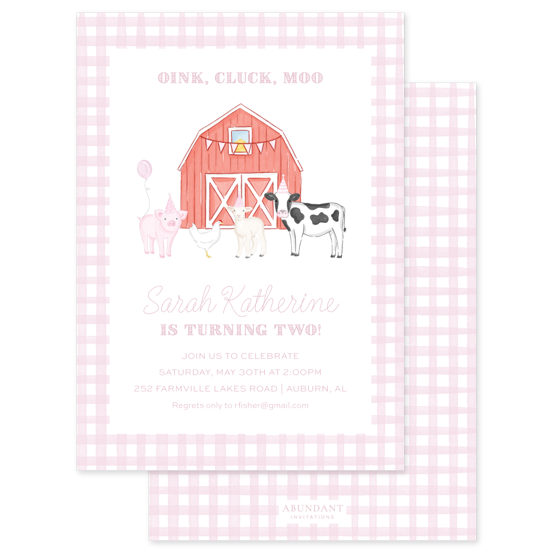 Pink birthday invitation featuring a red barn and cute farm animals with a pink gingham border