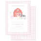 Pink birthday invitation featuring a red barn and cute farm animals with a pink gingham border