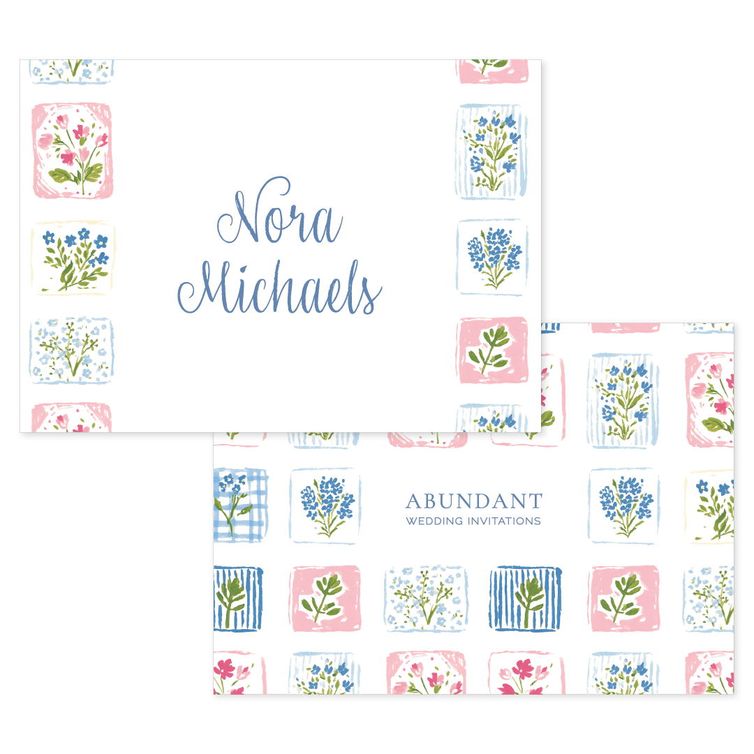 Calling card with elegant floral tile border in soft pink, blue, and green watercolor accents.