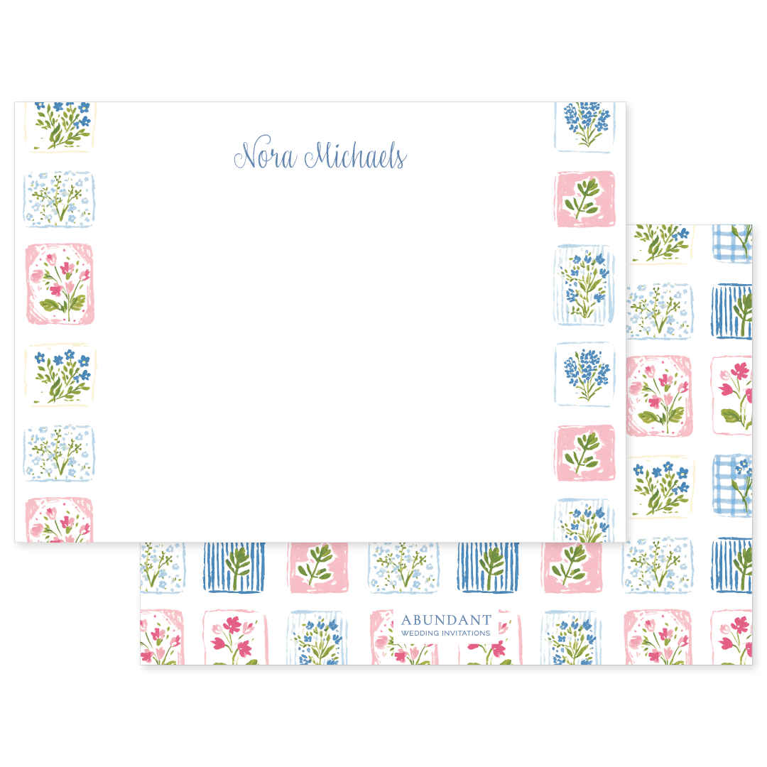 Personalized flat notecard featuring a delicate floral tile border in soft pink, blue, and green watercolor accents with elegant script name.