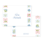 Folded notecard with delicate blue and pink floral tile border and elegant handwritten name in center