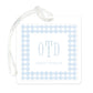 Clear luggage tag featuring a soft blue gingham pattern with elegant monogram initials and a personalized name in light blue font.