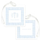 Square luggage tag with a light blue gingham pattern border, personalized with initials and name on one side and a phone number on the other.