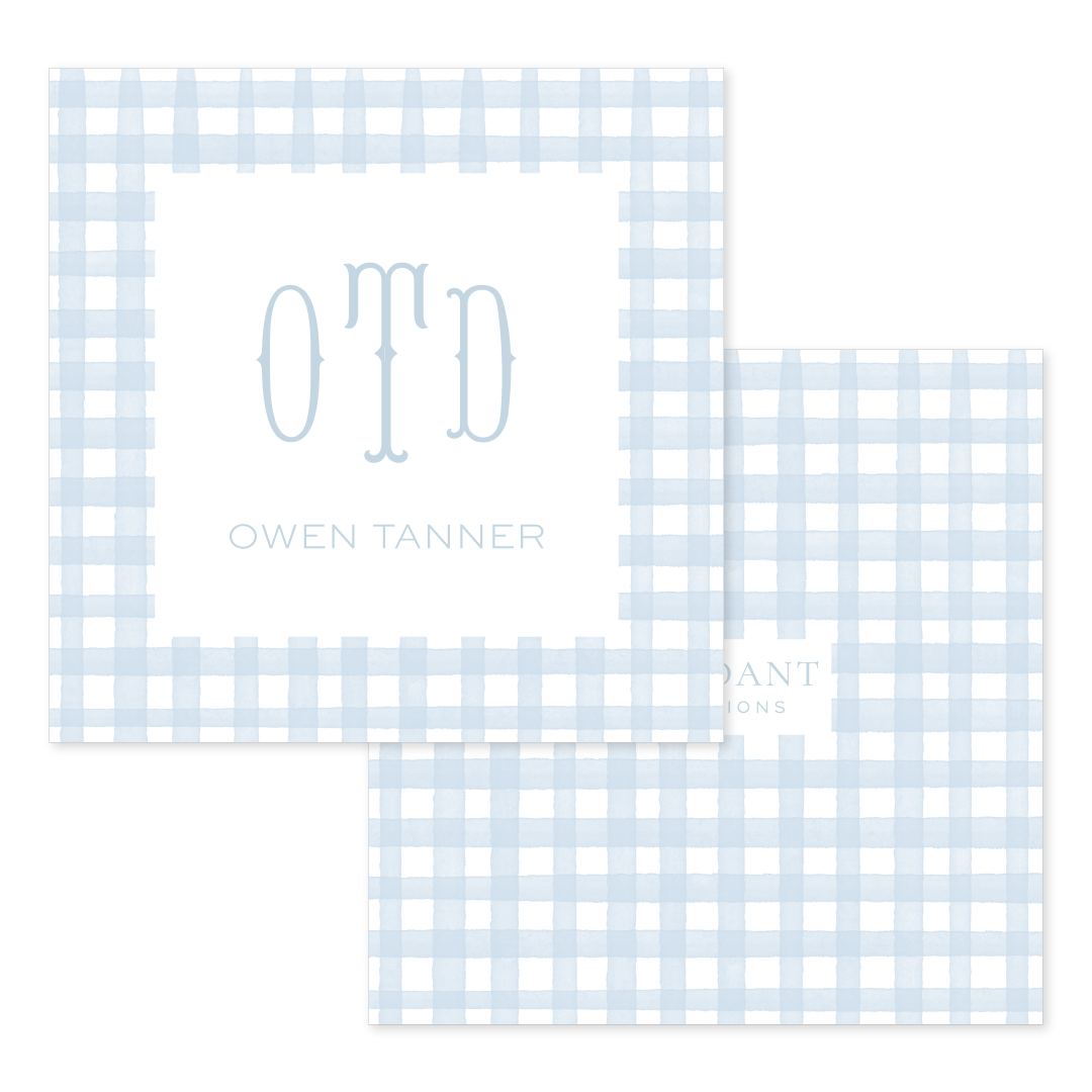 Blue gingham patterned calling card with centered monogram and name in light blue text on white background