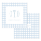 Blue gingham patterned calling card with centered monogram and name in light blue text on white background