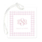 Square bag tag featuring a pink gingham pattern border with elegant monogram initials and a clear strap for attachment.