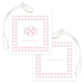 Square bag tags featuring a soft pink gingham border with personalized monogram and name on one side and contact number on the other, attached to clear plastic loops.
