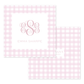 Soft pink gingham patterned calling card with elegant monogram and personalized name in center.