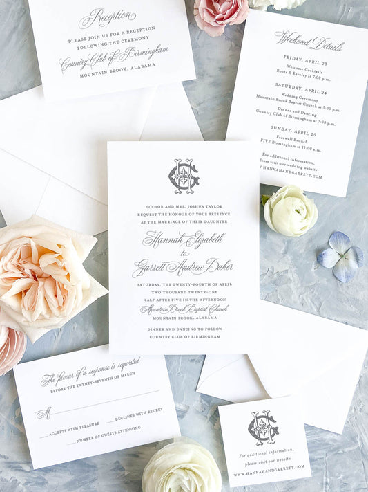 Elegant wedding stationery suite featuring personalized invitation and enclosure cards with classic calligraphy style