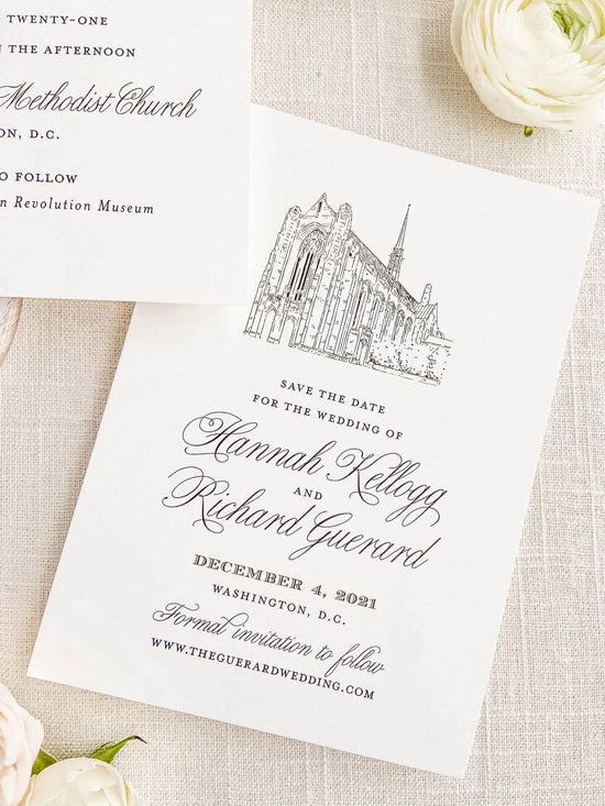 Elegant save the date card with classic script and detailed church illustration on textured background