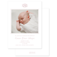 Newborn baby photo on a birth announcement card with text and tradition script monogram in pink ink.