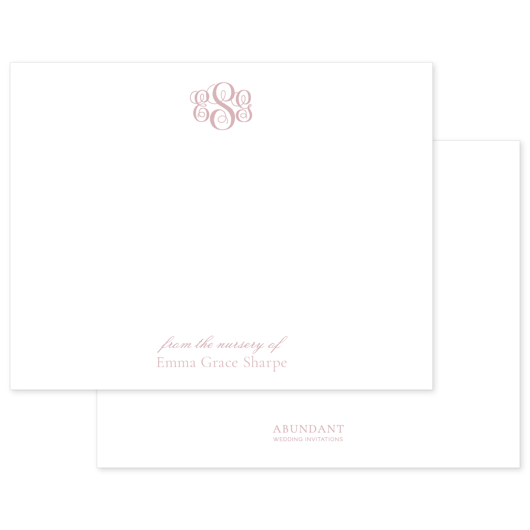 Elegant pink monogram notecard with personalized nursery text on high-quality white stationery, reflecting timeless and classic style.
