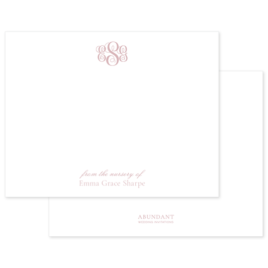 Elegant pink monogram notecard with personalized nursery text on high-quality white stationery, reflecting timeless and classic style.