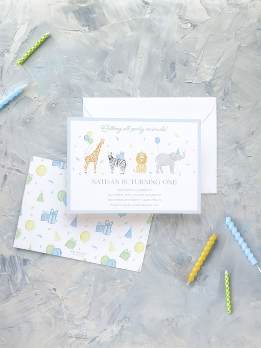 Blue-themed birthday invitation featuring watercolor party animals and festive balloons on a textured background