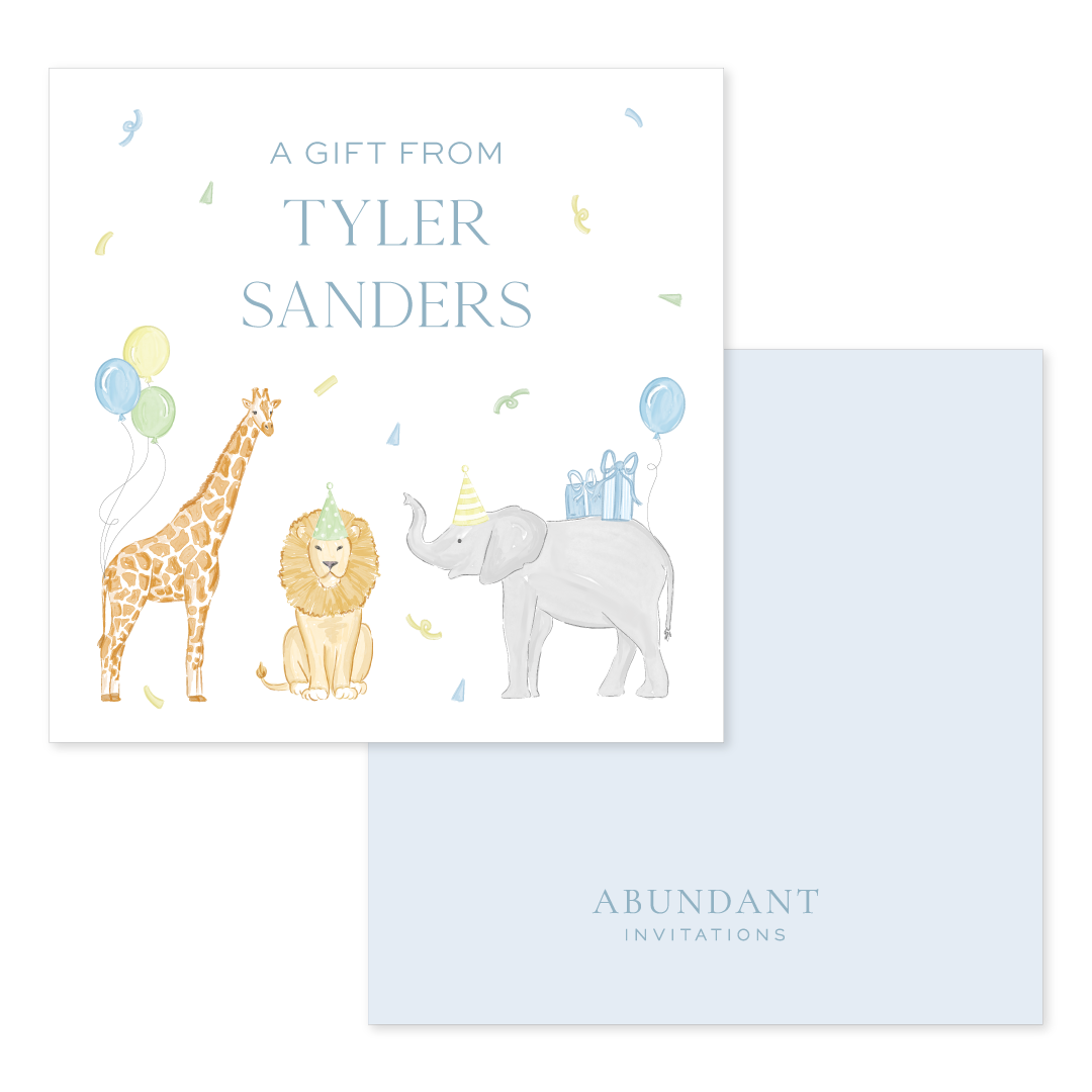 Square blue calling card featuring watercolor illustrations of a giraffe, lion, and elephant wearing party hats with balloons and confetti, personalized with a name.