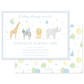 Blue-themed birthday invitation featuring watercolor illustrations of a giraffe, zebra, lion, and elephant wearing party hats with balloons and confetti.