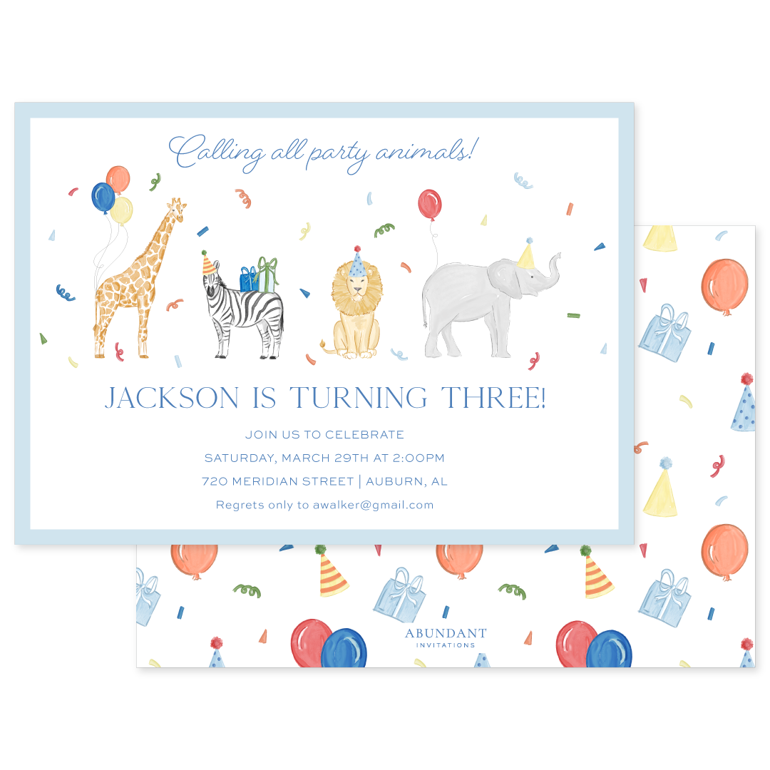 Birthday invitation featuring colorful hand-drawn animals wearing party hats and surrounded by balloons and confetti in a playful design.