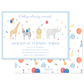 Birthday invitation featuring colorful hand-drawn animals wearing party hats and surrounded by balloons and confetti in a playful design.