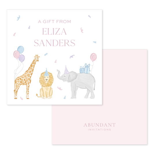 Square pink calling card featuring cute illustrated party animals—a giraffe, lion, and elephant with balloons and gifts—personalized gift message.