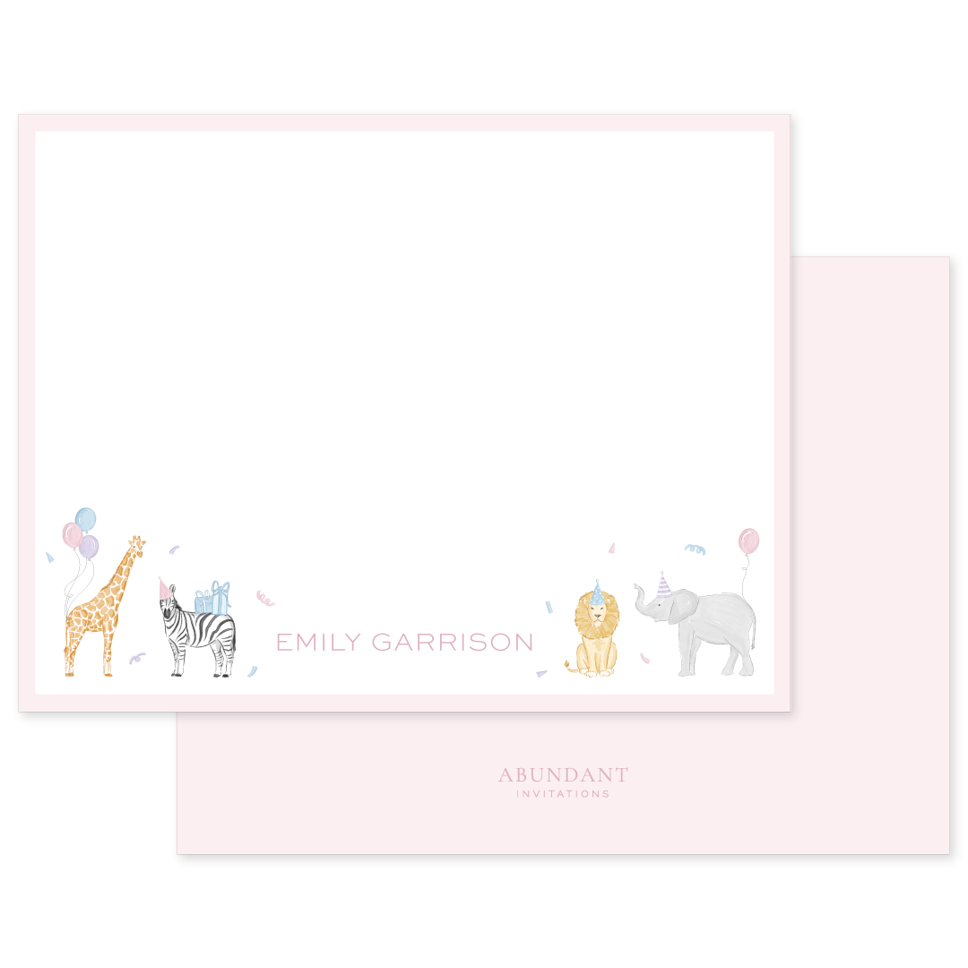 Notecard with soft pink border featuring illustrated party animals including a giraffe, zebra, lion, and elephant wearing party hats, with personalized name in elegant pink text at the bottom center.