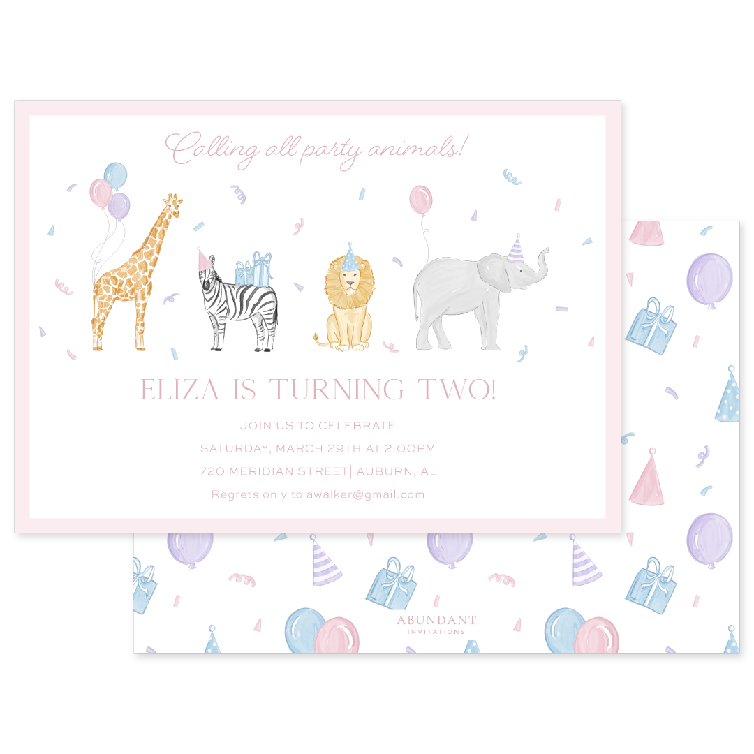 Birthday invitation featuring cute watercolor illustrations of a giraffe, zebra, lion, and elephant wearing party hats with balloons and confetti on a pink background.
