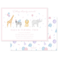 Birthday invitation featuring cute watercolor illustrations of a giraffe, zebra, lion, and elephant wearing party hats with balloons and confetti on a pink background.
