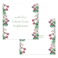 Square calling card with delicate watercolor floral borders in shades of pink and purple, featuring elegant green script text for personalized stationery.