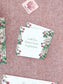 Square calling card with delicate pink floral border and personalized elegant green script on textured background