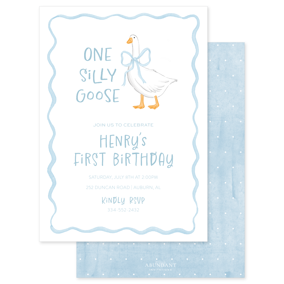 Birthday invitation featuring a white goose with a blue bow and playful blue wavy border design.