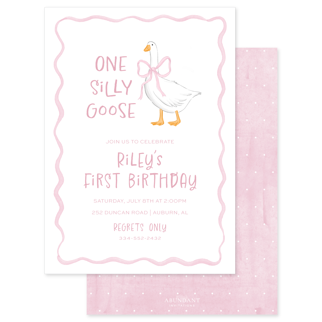 Pink-themed first birthday invitation with a white goose wearing a pink bow and playful handwritten text