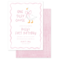 Pink-themed first birthday invitation with a white goose wearing a pink bow and playful handwritten text