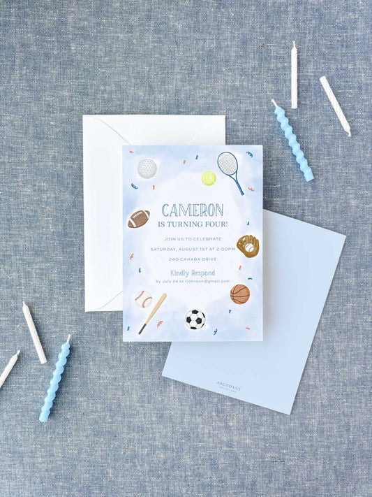Birthday invitation with sports-themed icons such as tennis, baseball, football, basketball, and soccer on a blue background