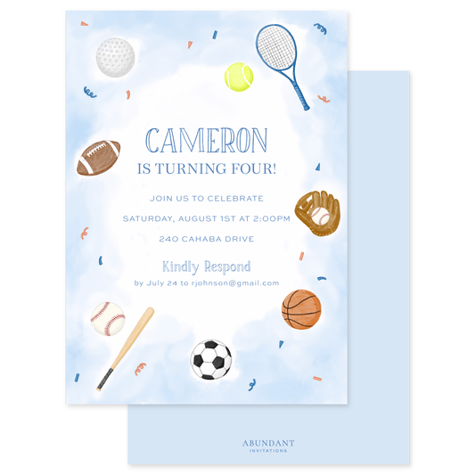 Blue and orange birthday invitation featuring various sports equipment like tennis racket, baseball, and basketball on a sky background