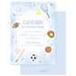 Blue and orange birthday invitation featuring various sports equipment like tennis racket, baseball, and basketball on a sky background