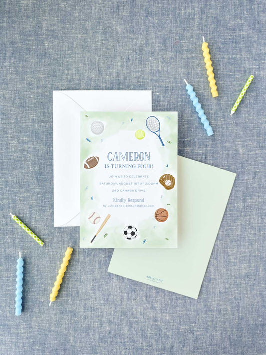 Birthday invitation with sports-themed icons including soccer, basketball, tennis, and baseball on a green background