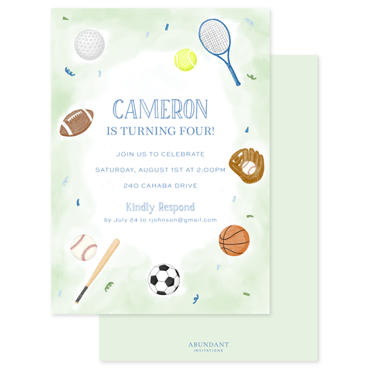Green birthday invitation with various sports equipment including tennis, soccer, football, basketball, and baseball themed designs