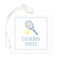 Clear rectangular bag tag featuring a blue tennis racket and yellow tennis ball illustration above the name Cameron Hayes in blue text, attached to a transparent strap.