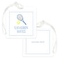 Two square blue and white bag tags with clear straps, one displaying a tennis racket and ball above a personalized name, the other showing a phone number.