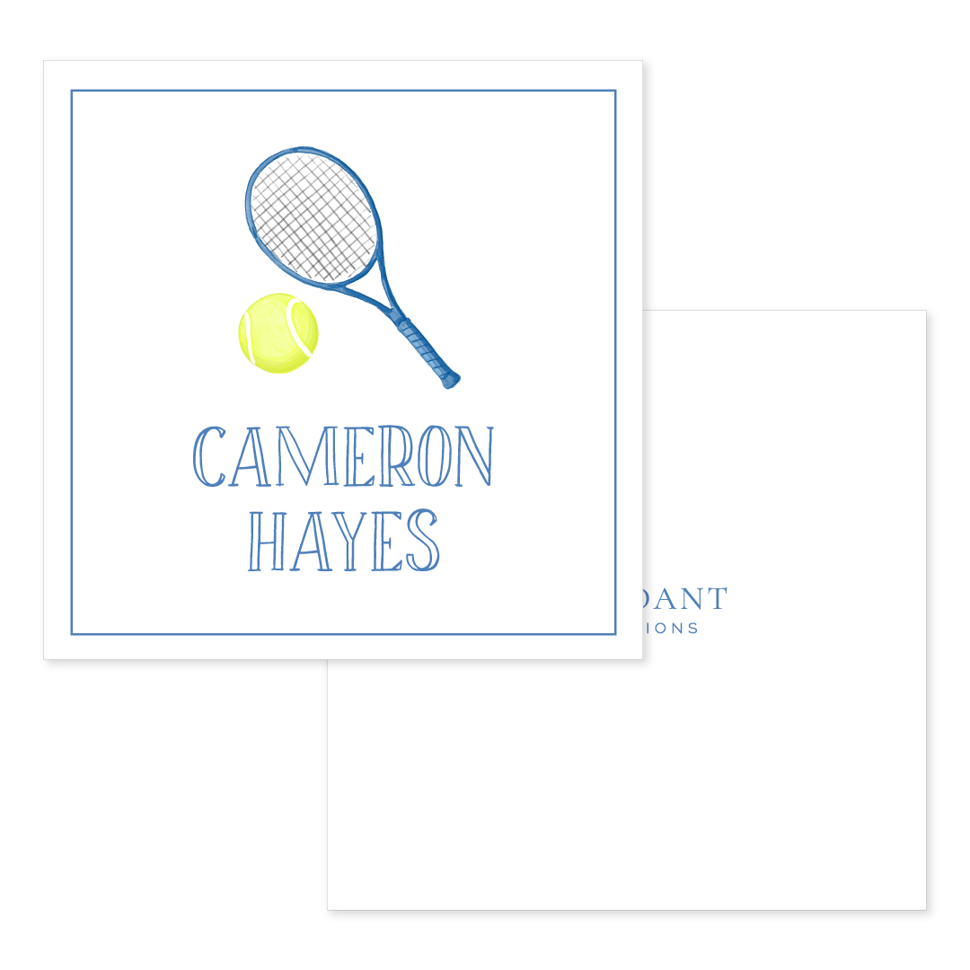Blue tennis racquet and yellow tennis ball illustration above personalized name on white calling card