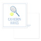 Blue tennis racquet and yellow tennis ball illustration above personalized name on white calling card