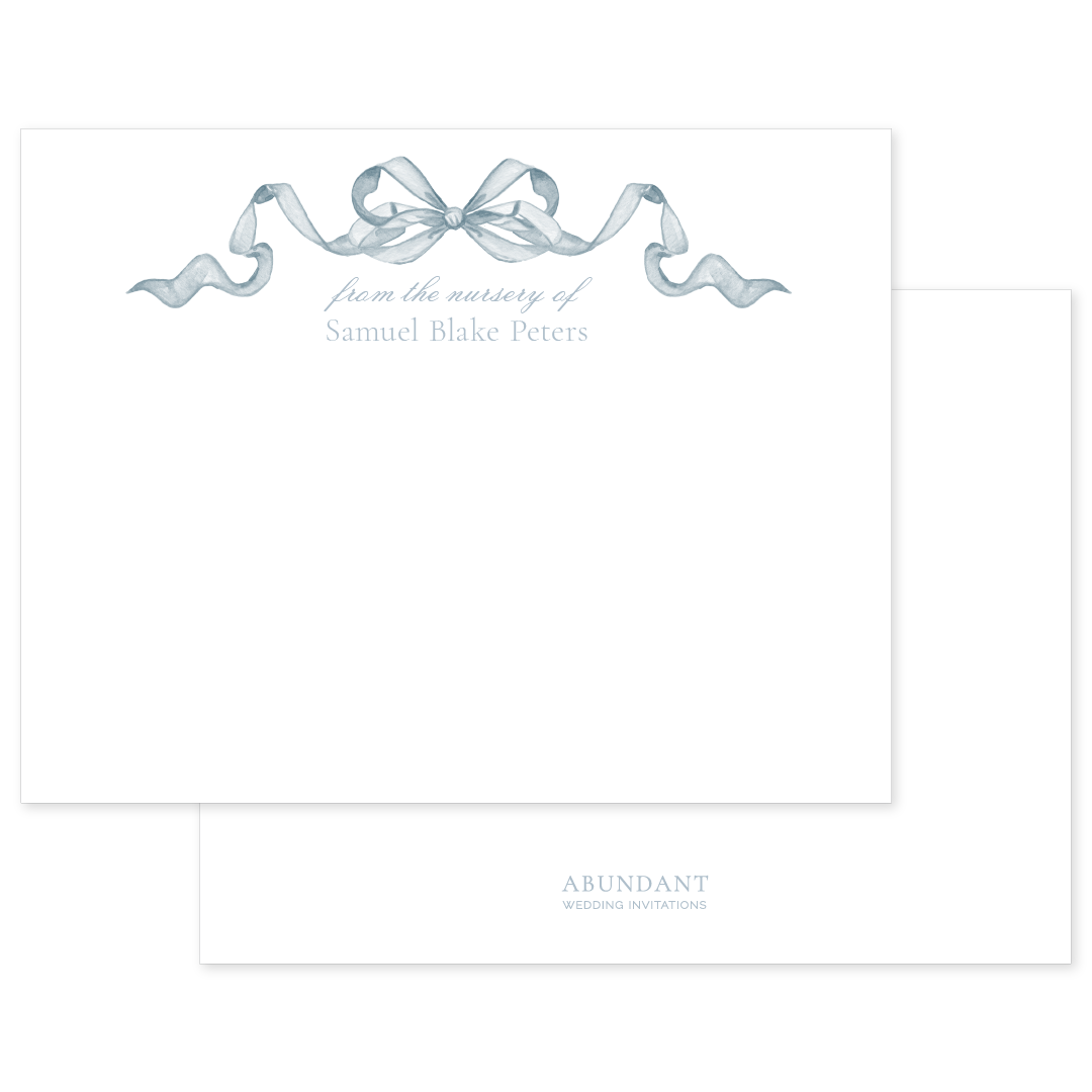 Elegant personalized notecard featuring a delicate blue watercolor bow and customizable nursery text, perfect for timeless stationery.
