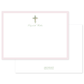 Flat notecard featuring a delicate watercolor floral cross with personalized name in elegant script, surrounded by a soft pink border.