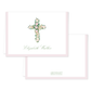 Folded notecard featuring a delicate watercolor floral cross design with personalized calligraphy name and soft pink border for timeless stationery.