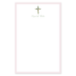 Notepad featuring a delicate watercolor floral cross at the top with personalized elegant script name, framed by a soft pastel border.